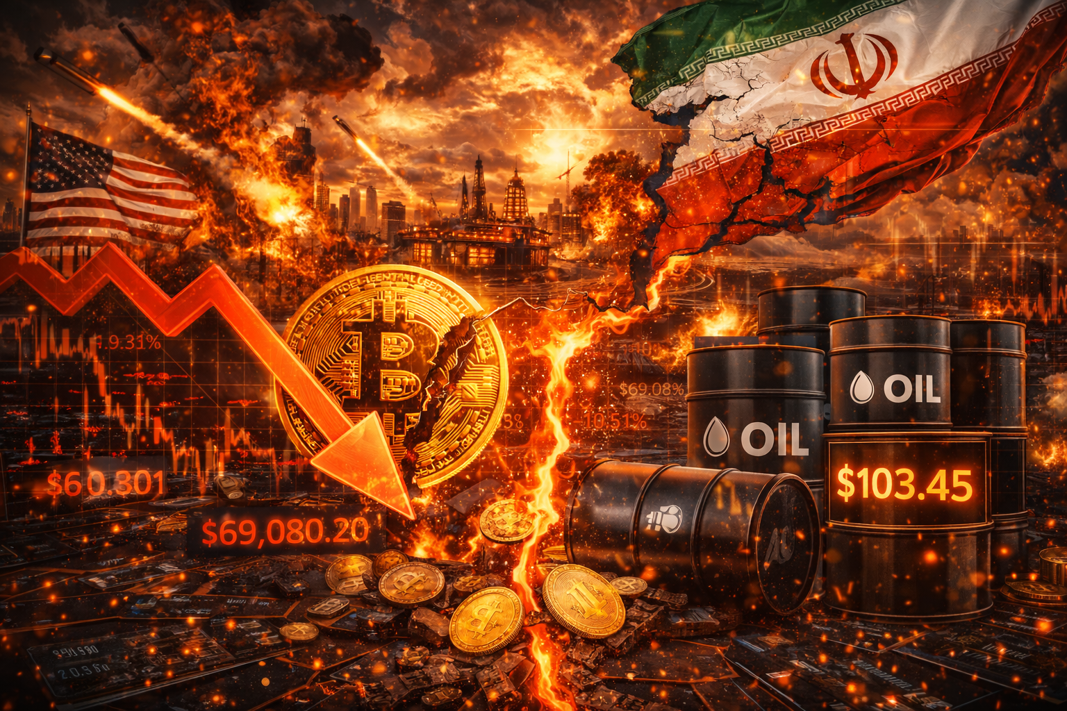 比特幣在美伊談判破裂後跌破7萬美元,油價突破每桶103美元